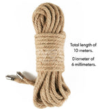 The Rebellion Reign Hemp Bondage Rope, rustic beige with two metal hooks, is coiled against a white background. It measures 10 meters in length and 6 millimeters in diameter.