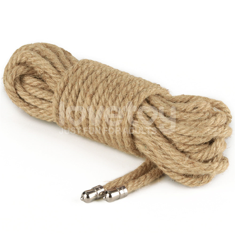 A coiled tan rope with shiny silver-tipped ends rests on a light background, showcasing a partially visible lovetoy label. The Rebellion Reign Hemp Bondage Rope - Rustic displays a natural texture and forms a neat loop at one end.