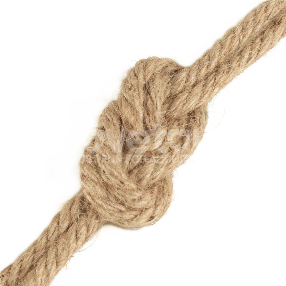 A close-up of the Rebellion Reign Hemp Bondage Rope tied in a knot on a white background shows its rustic fibers clearly. The rope, positioned centrally with ends extending horizontally, emphasizes its texture.