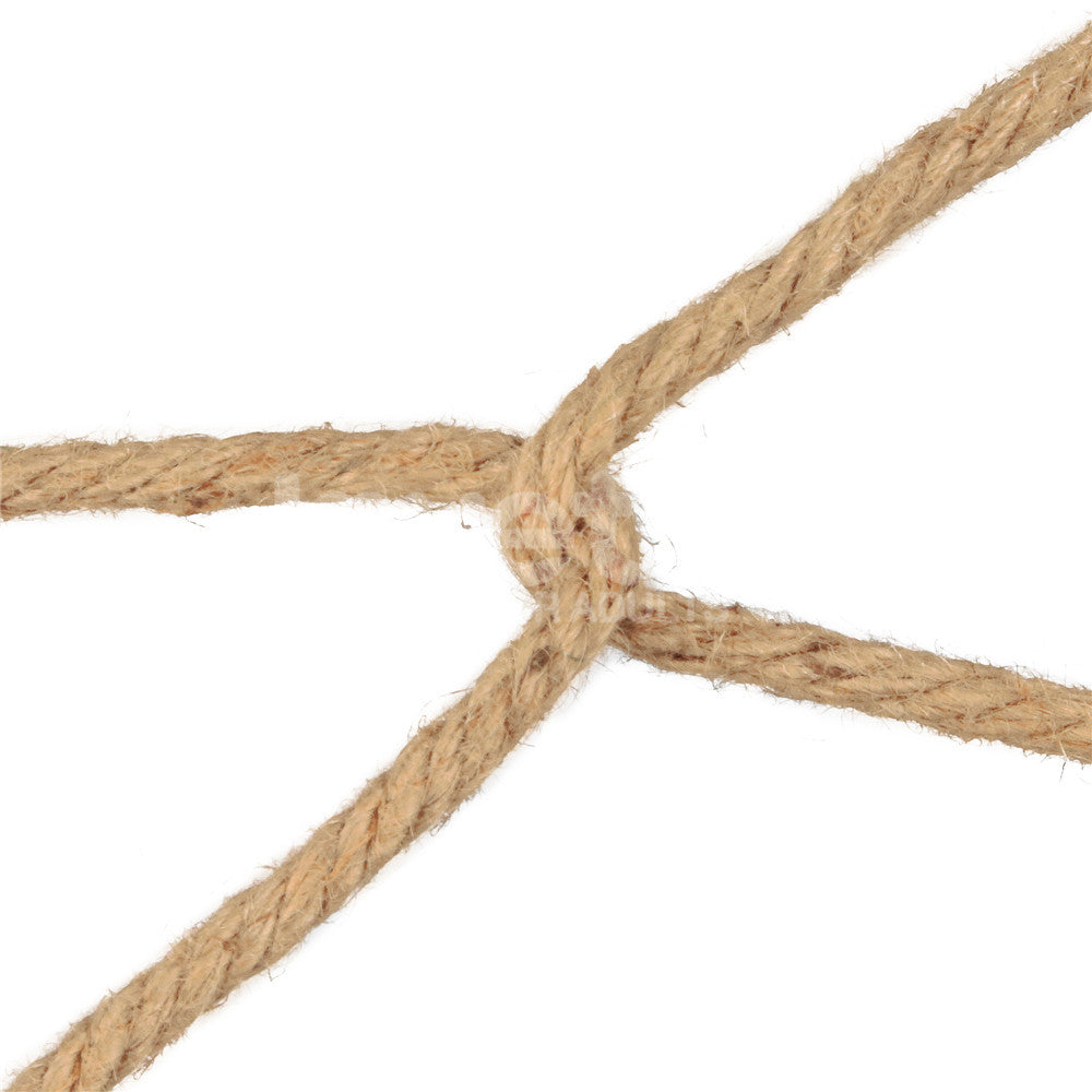 Close-up of the Rebellion Reign Hemp Bondage Rope, a beige rope tied in a simple knot against a white background, exuding rustic texture. Made from natural fibers with visible strands and sturdy construction, two sections extend outward from the knot.