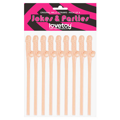 A playful set of nine flesh dicky straws, ideal for a hens night, features the brand lovetoy under Jokes & Parties in a cheeky pink and black package.