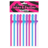 A set of nine vibrant Jokes & Parties Original Willy Straws shaped like male genitalia, perfect for a hens night. Available in pink, purple, and blue, they feature lovetoys branding and the tagline Just Fun For Adults on a bold pink and black striped backdrop.