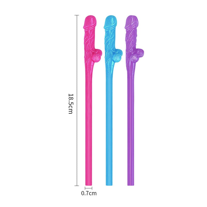 A set of nine colorful Jokes & Parties Original Willy Straws features playful human form designs. Perfect for hens nights, they come in pink, blue, and purple, measuring 18.5 cm in length and 0.7 cm in diameter.