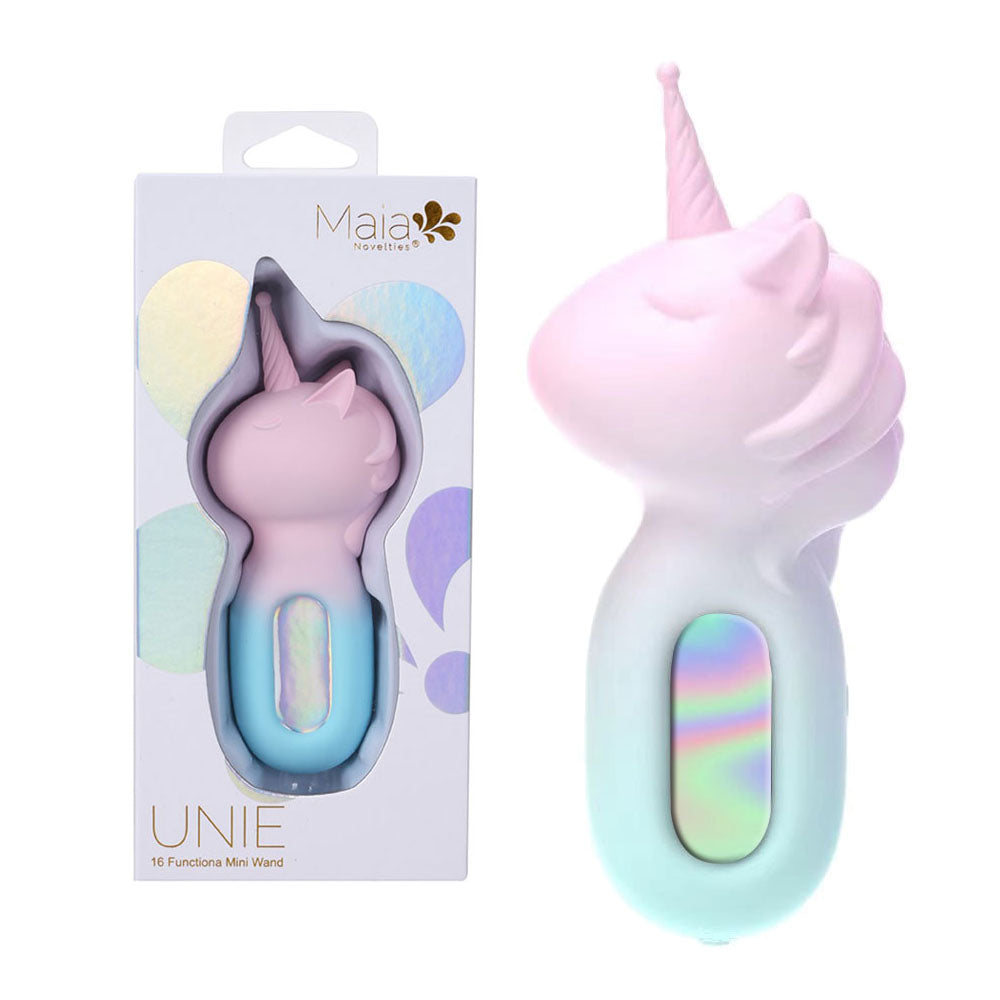 The Maia UNIE is a pastel-hued massage wand with 16 vibration functions, featuring a silicone body in gradient pink, blue, and green. Resembling a unicorns head with a rainbow button, its packaging reflects enchanting colors and the UNIE branding.