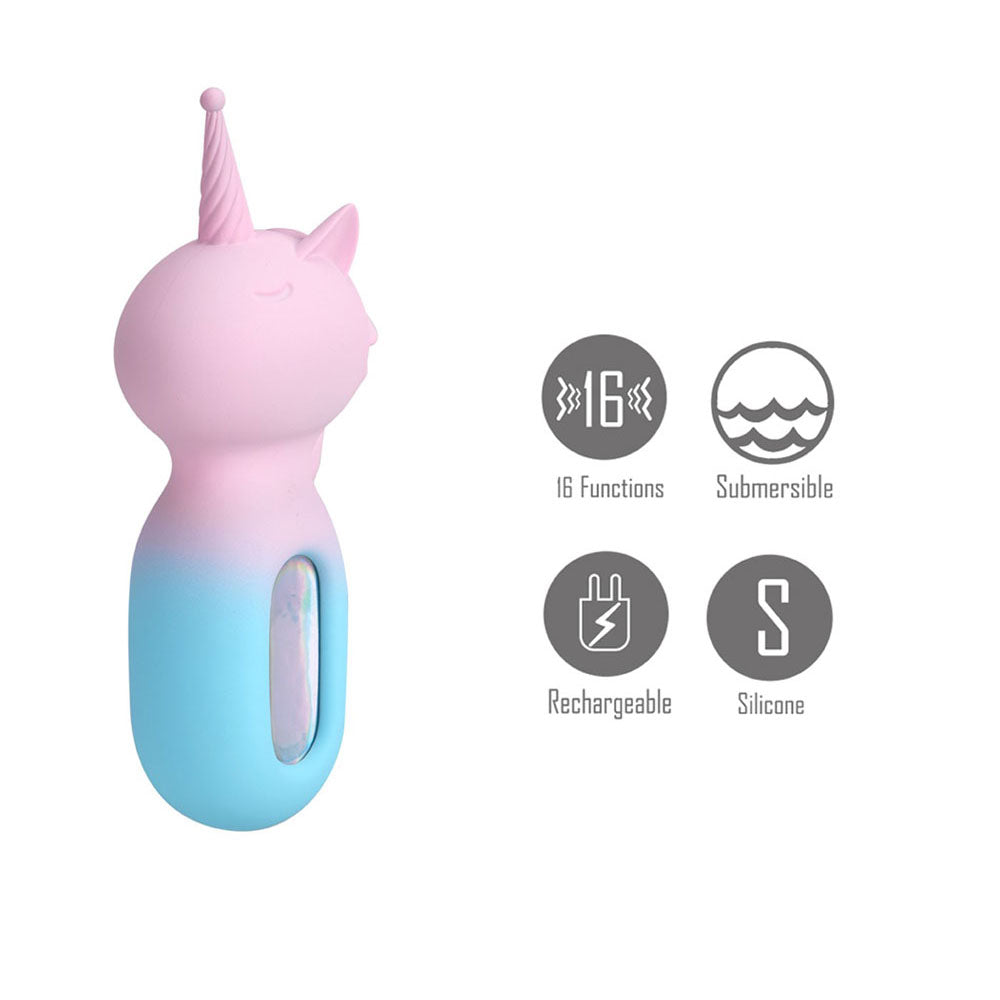 Discover the Maia UNIE, a pastel pink/blue USB rechargeable unicorn wand with a horn and ergonomic silicone design. With 16 vibrating functions, this submersible vibrator delivers both magic and pleasure in one delightful package.