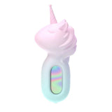 The Maia UNIE - Pink/Blue USB Rechargeable Unicorn Wand features a pastel unicorn shape with a silicone body, smooth gradient in pink, purple, and blue. It has a rounded shape, conical horn, long mane, and a multicolored button that activates 16 vibration functions against a white background.