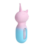 The Maia UNIE is a pastel pink and blue silicone unicorn-shaped bottle with a pink horn and ears, doubling as a whimsical Unicorn massage wand. It features 16 vibrating functions, with a pink top fading to blue and a transparent window showcasing its holographic interior as the unicorn faces sideways.