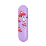 A lavender Maia JESSI Trippy 7.6 cm USB Rechargeable Bullet with a rounded top is adorned with red and white polka-dotted mushrooms, reminiscent of Jessi Trippy designs, creating a whimsical and playful pattern on its enticing purple exterior.