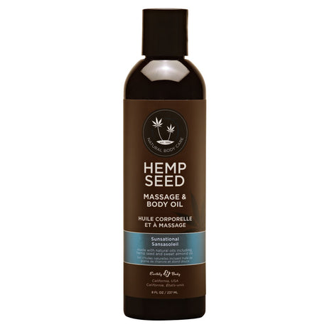 The 237 ml brown bottle with a black cap contains Hemp Seed Massage & Body Oil, featuring a circular logo with two hemp leaves, Earthly Body, and English/French usage. It includes the name and scent description: Italian Bergamot, Juniper Berries & White Wood. The blue band reads Sunsational.