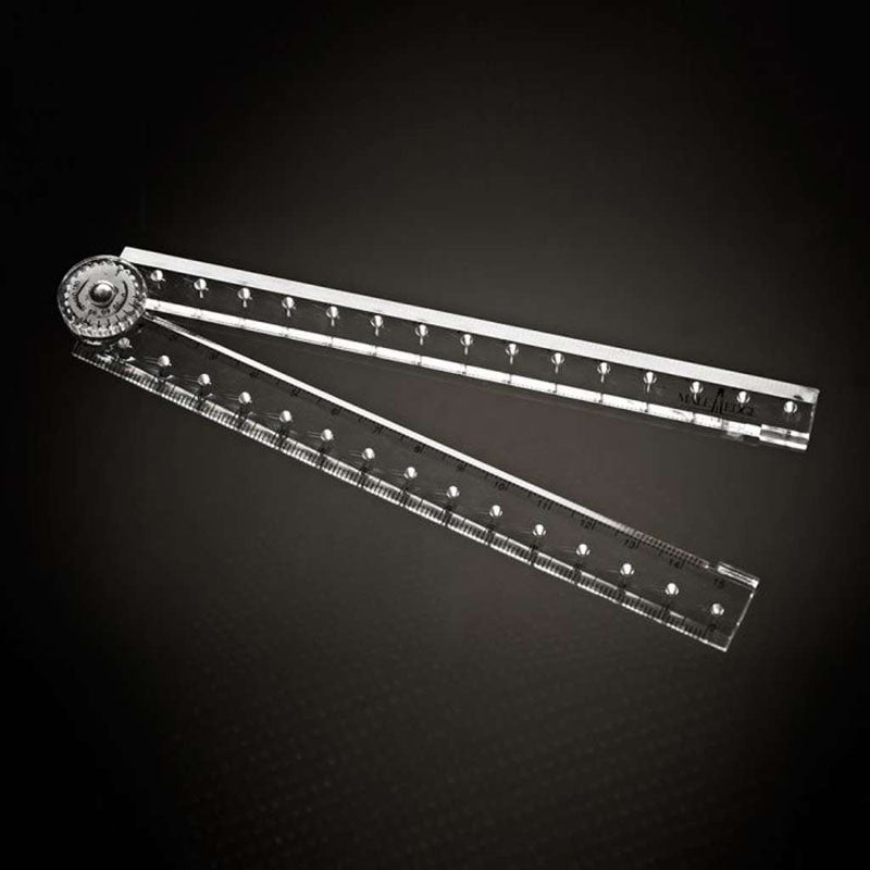 A transparent multi-angle ruler with a circular protractor at its pivot has two clear, marked arms. These adjustable arms, reminiscent of the precision of the MaleEdge Pro Kit - Penis Enlarger Kit in Red Case, are shown semi-open against a dark background.