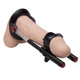 The MaleEdge Pro Kit, an advanced penile enlargement device in a red case, is attached to a beige anatomical model of a human penis. It features two red-tipped rods secured by bands along the base and shaft for adjustable traction therapy.