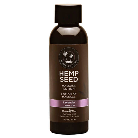 A dark brown bottle adorned with hemp leaf graphics, contains Earthly Bodys Hemp Seed Massage Lotion with argan oil. Lavender-scented and featuring a purple band marked Lavender and Lavande, this 59 ml (2 fl oz) product is made in California, USA.