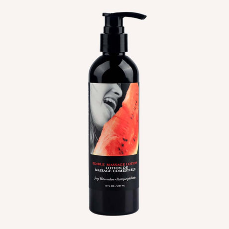 The 8 fl oz black plastic bottle with a pump dispenser contains Edible Massage Lotion - Watermelon, featuring a label of a smiling woman near watermelon. Its perfect for sensual massages and offers deep moisturizing benefits in a delicious watermelon flavor.