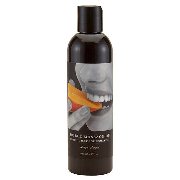 A sleek black bottle of Edible Massage Oil - Mango Flavoured features a label with a black-and-white photo of someone biting into a mango slice. The text highlights Edible Massage Oil, Mango, and indicates the volume as 8 fl oz / 237 ml. This product comes with a stylish black cap.