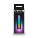 A sleek black rectangular box showcases Chroma Petite Bullet - Multicolour on the front, featuring a premium ABS, bullet-shaped object with a metallic gradient finish from pink to blue to green. Its elegant water-resistant packaging includes a hanging tab on the black backdrop.