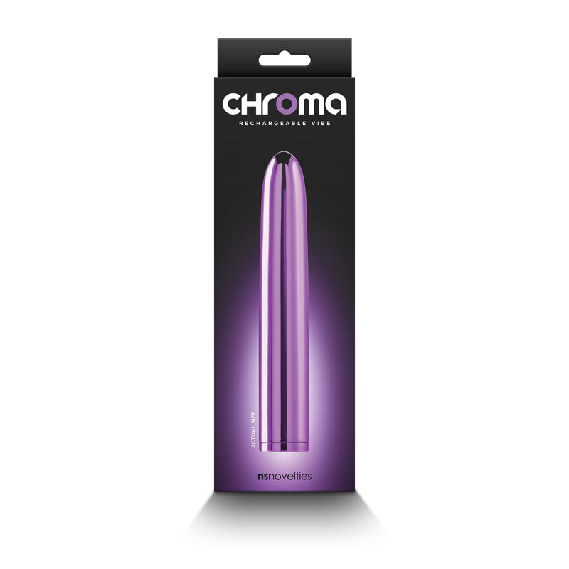 The image displays the sleek packaging of the Chroma - Purple USB Rechargeable Vibrator. Set against a black backdrop, the metallic purple 17 cm vibrator is elegantly showcased, highlighting its multi-speed features with NS Novelties in bold white at the top.