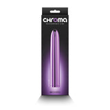 The image displays the sleek packaging of the Chroma - Purple USB Rechargeable Vibrator. Set against a black backdrop, the metallic purple 17 cm vibrator is elegantly showcased, highlighting its multi-speed features with NS Novelties in bold white at the top.