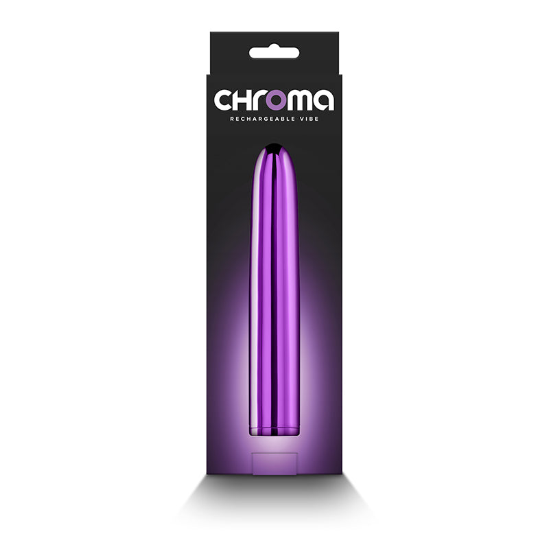 Packaging of the Chroma - Purple Vibrator features a sleek metallic purple device on a black backdrop. The name Chroma and Rechargeable Vibe highlight its modern, minimalistic design and multi-speed functions.