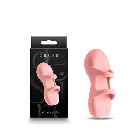 The image shows the pink Desire - Fingerella finger stimulator made from water-resistant silicone, with an ergonomic design and two handling loops beside its sleek black box featuring stylish desire text.