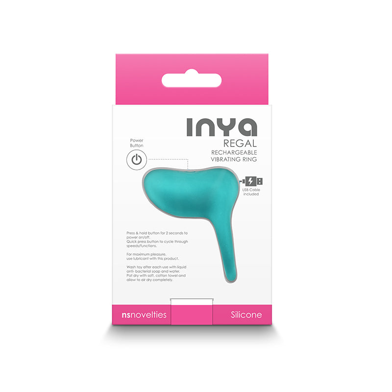 The Inya Regal Teal Finger Stimulator packaging flaunts a vibrant teal image and power icon, underscoring USB charging and strong vibrations. The mainly white box with pink accents highlights nsnovelties branding and silicone material.