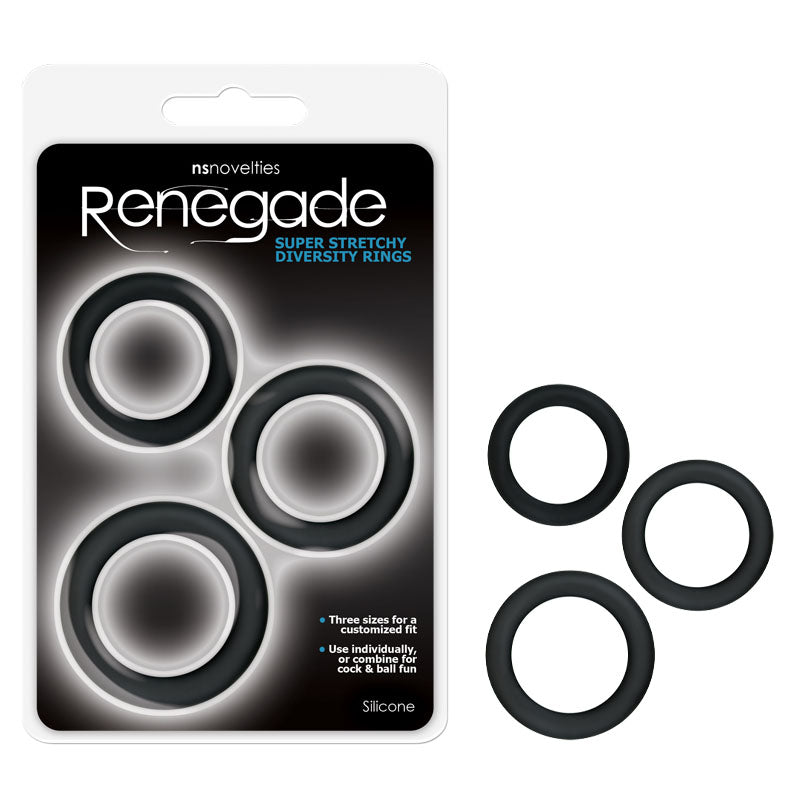 Buy Renegade Diversity Rings - Black Cock Rings - Set of 3 Sizes at NZ’s Mega Adult Toys Store. Discover premium sex toys with discreet shipping at the best price in NZ