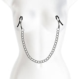 A mannequin displays the Bound Nipple Clamps - DC2, featuring gunmetal clamps with silicone tips joined by a silver chain. The design promises erotic sensations, elegantly set against a white background.