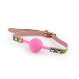 The Spectra Bondage Ballgag - Rainbow, ideal for BDSM play, features a pink ball with a PU leather strap in tan, green, and olive sections. It has gold-toned hardware and adjustable holes, lying on a white background with the ball centrally positioned between two attachment points.