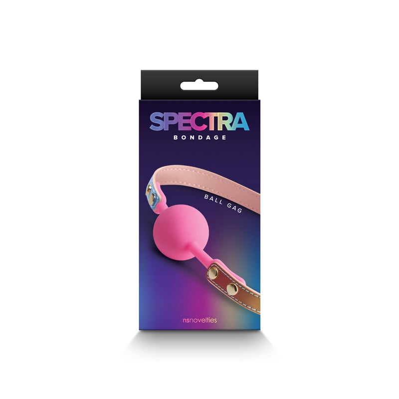 The Spectra Bondage Ballgag - Rainbow box features a dark gradient backdrop with rainbow SPECTRA and white BONDAGE text. It displays a pink ball gag with brown PU leather straps, metal studs, and holographic detail, ideal for elevating your BDSM experience.