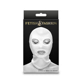 The image shows the packaging of the Fetish & Fashion - Eyes & Mouth Hood - White product, featuring a submissive lover in a white nylon hood with eye and mouth cutouts against a black background. It includes a small hanger hole at the top.