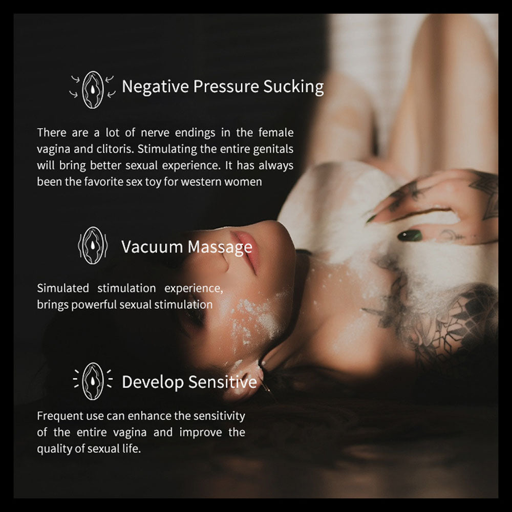 Image of a woman on her back with text: LuvPump Vagina Enhancement System - Clear/Red Vagina Pump: Negative pressure sucking stimulates entire genitals, enhancing the sexual experience. Medical-grade polycarbonate vacuum massage boosts genital sensitivity through simulated stimulation.