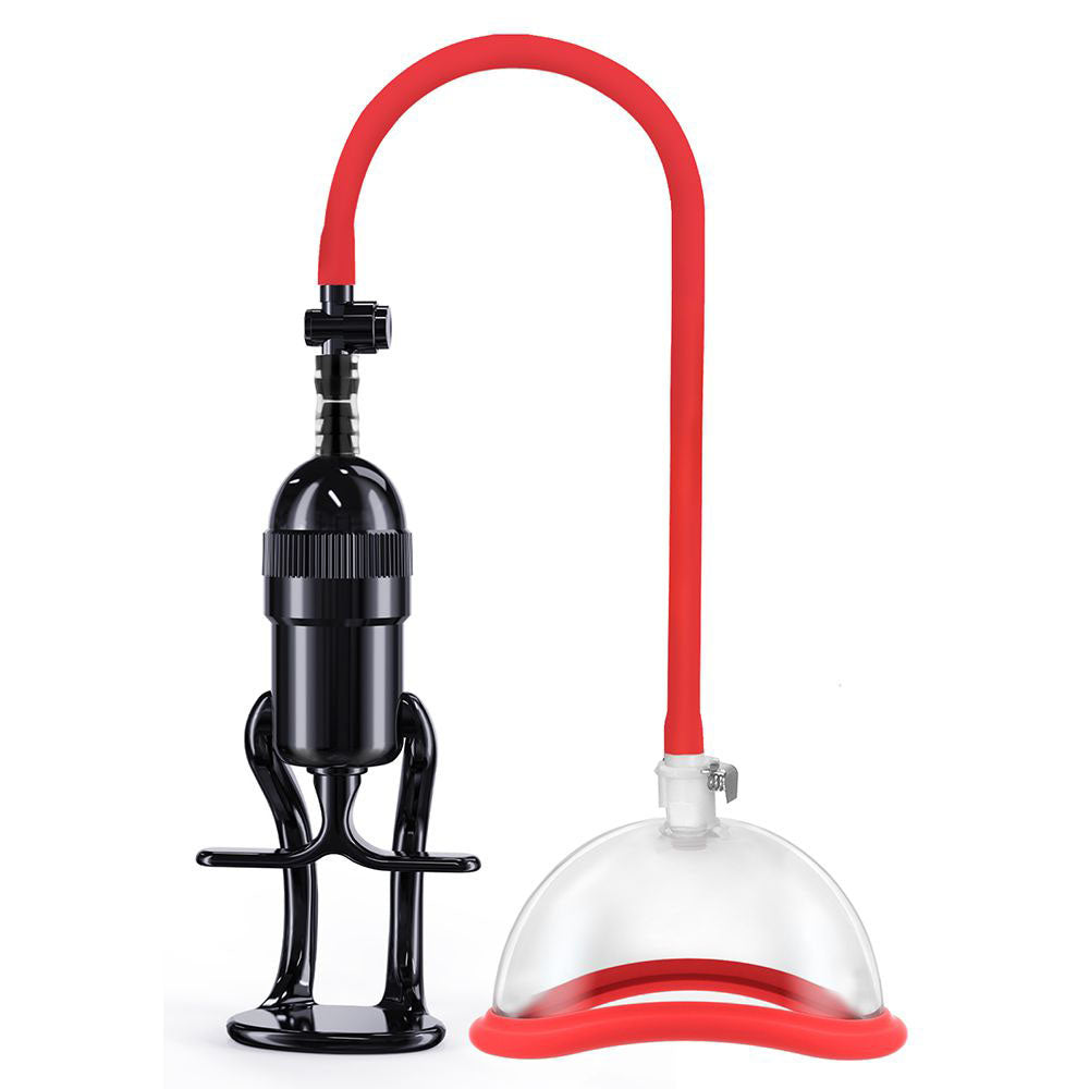 The LuvPump Vagina Enhancement System includes a transparent dome-shaped suction cup with a comfy red rim, crafted from medical-grade polycarbonate, and a red tube. The devices ergonomic handle ensures easy manual operation for efficiency in body enhancement.