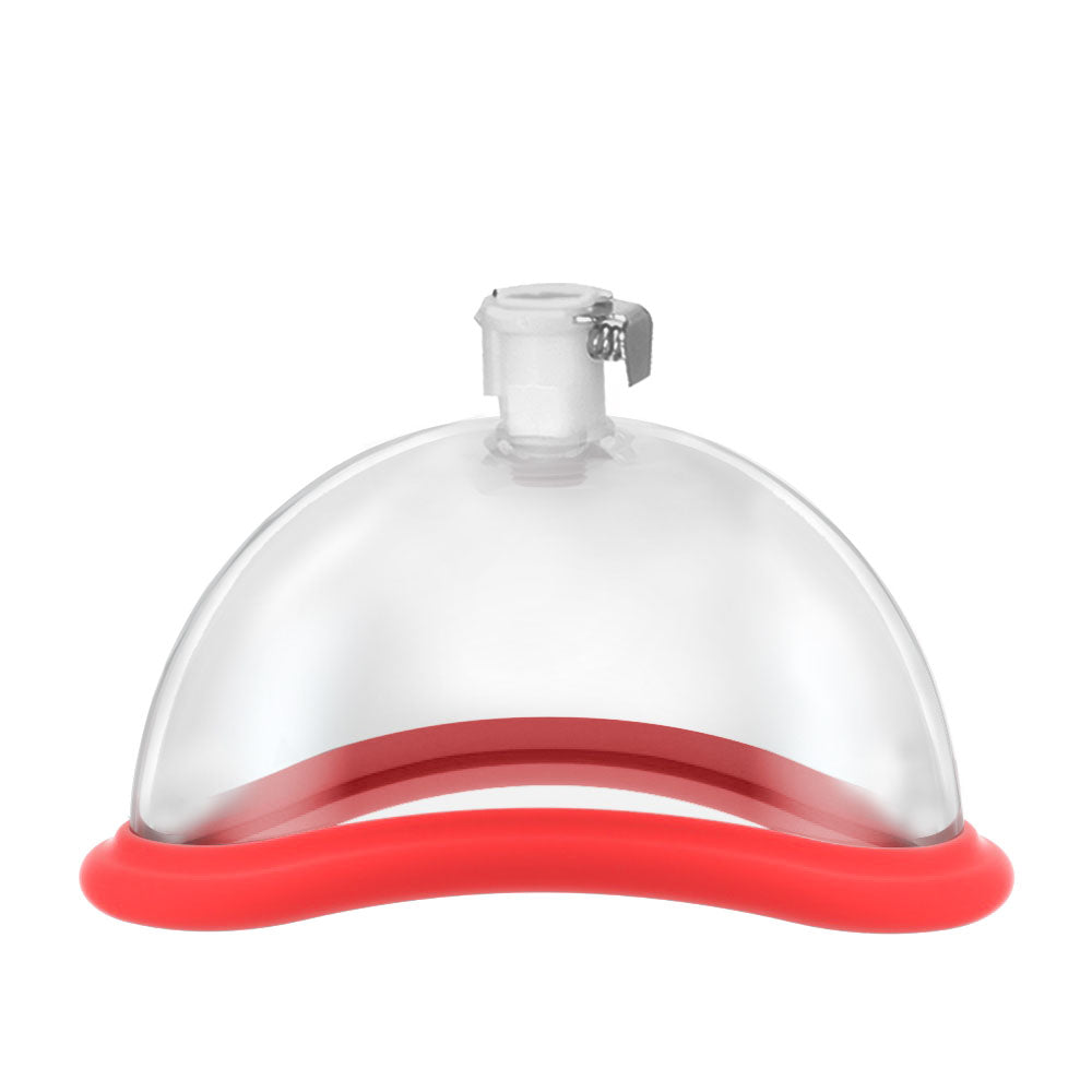 The LuvPump Vagina Enhancement System is a dome-shaped, transparent polycarbonate pump with a red silicone rim and a top connector for hose attachment. Designed for coverage and visibility, it ensures effective use while enhancing support and function.