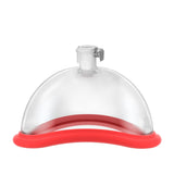 The LuvPump Vagina Enhancement System is a dome-shaped, transparent polycarbonate pump with a red silicone rim and a top connector for hose attachment. Designed for coverage and visibility, it ensures effective use while enhancing support and function.