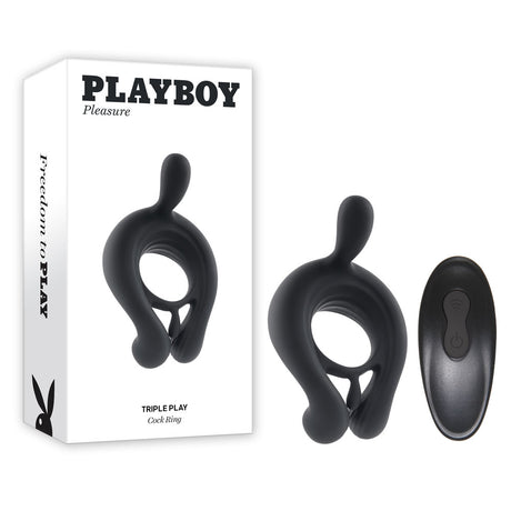 The Playboy Pleasure TRIPLE PLAY Cock Ring stands out with its sculpted shape and powerful vibrating motors, presented in sleek black silicone with a wireless remote, all against a plain white background.