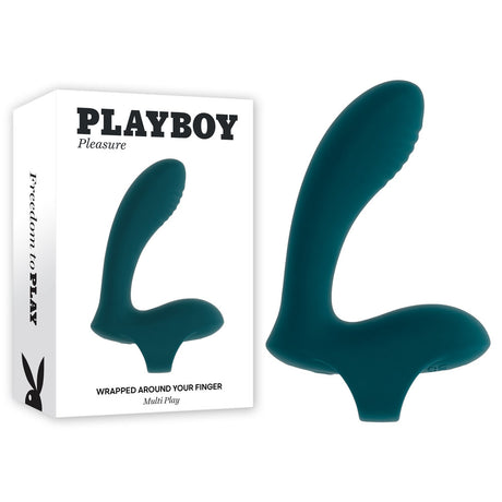 The Playboy Pleasure WRAPPED AROUND YOUR FINGER is a dark teal silicone, curved, and ribbed finger vibrator for G-Spot and P-Spot stimulation. It comes in a white box with PLAYBOY Pleasure text and logo, labeled WRAPPED AROUND YOUR FINGER Multi Play, offering freedom to play.