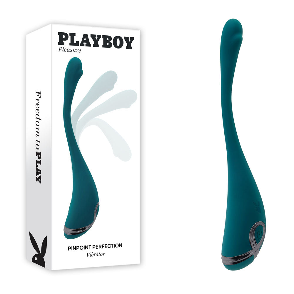 Teal, curved Playboy Pleasure PINPOINT PERFECTION vibrator made of body-safe silicone features a sleek design with a silver accent. The white box displays the product name, emphasizes its strong vibrations with a motion illustration, and includes the iconic Playboy logo.