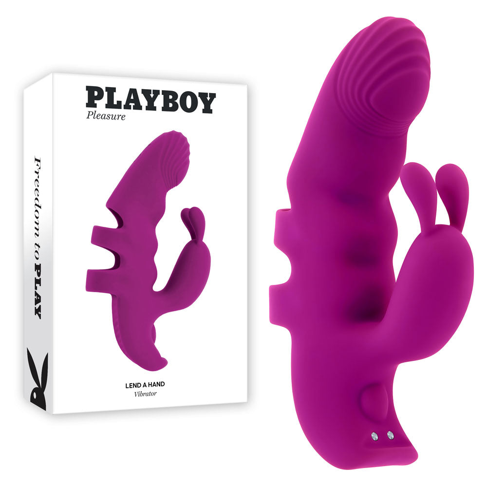 The Playboy Pleasure LEND A HAND is a purple USB rechargeable finger vibrator, crafted from body-safe silicone with multiple ridges and bunny-shaped extension for G-spot exploration. It has dual motors, three small base buttons, and comes in a white box with PLAYBOY Pleasure and the iconic bunny logo.