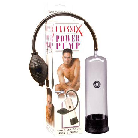 The Classix Power Pump - Clear Penis Pump packaging displays a seated man and product features, highlighting a transparent cylindrical pump with a black rubber bulb connected by a tube to enhance penis size and thickness. The box prominently shows an image of the pump with the same man.