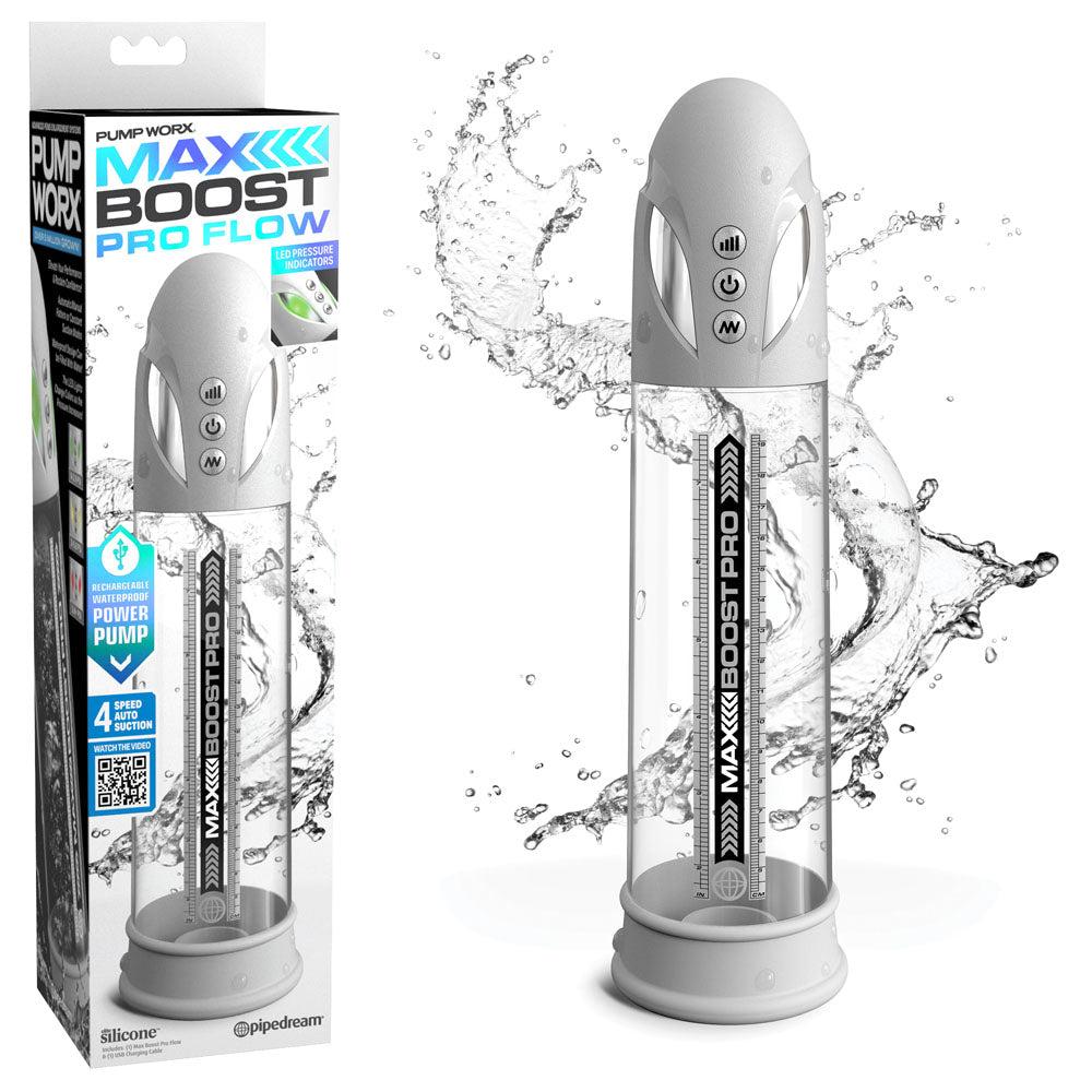 Buy Pump Worx Max Boost Pro Flow - White - White/Clear USB Rechargeable Waterproof Auto Penis Pump at NZ’s Mega Adult Toys Store. Discover premium sex toys with discreet shipping at the best price in NZ