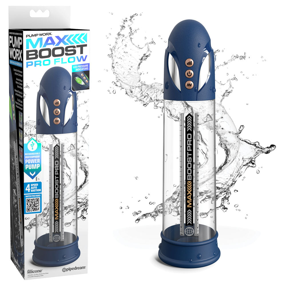 Buy Pump Worx Max Boost Pro Flow - Blue - Blue/Clear USB Rechargeable Waterproof Auto Penis Pump at NZ’s Mega Adult Toys Store. Discover premium sex toys with discreet shipping at the best price in NZ