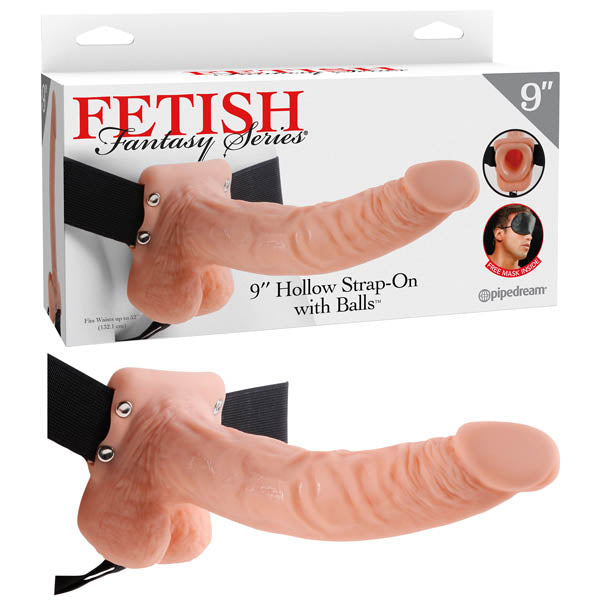 The Fetish Fantasy Series 9 Hollow Strap-on With Balls, featuring a flesh-toned PVC dildo and adjustable black straps, is packaged with images highlighting its versatility.