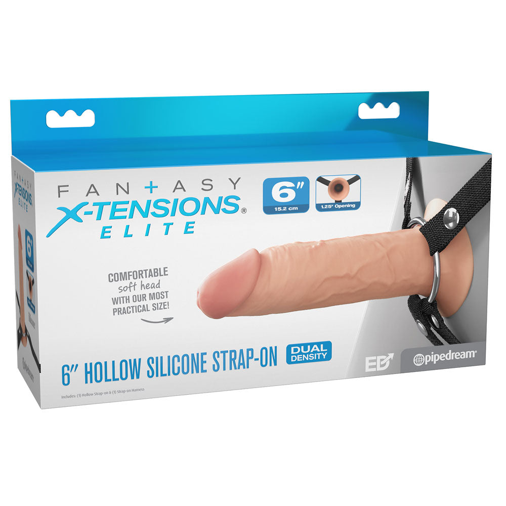 Packaging for the FX Elite 6 Silicone Hollow Strap-On in Flesh by Pipedream highlights the realistic device with adjustable straps, a soft head, and dual-density design. The box includes product dimensions and branding in the background.