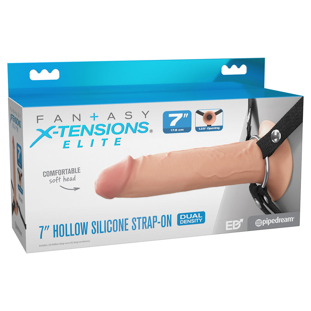 The FX Elite 7 Silicone Hollow Strap-On packaging highlights its realistic skin-tone, dual-density design with a soft head. It features a product image, LEFE opening, and adjustable harness for comfort.