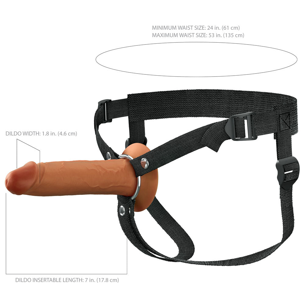 An image of the FX Elite 7 Silicone Hollow Strap-On features a tan, dual-density dildo with adjustable black straps and metal buckles. Made from Elite Silicone™, it measures 1.8 inches wide, 7 inches insertable length, and fits waist sizes from 24 to 53 inches.