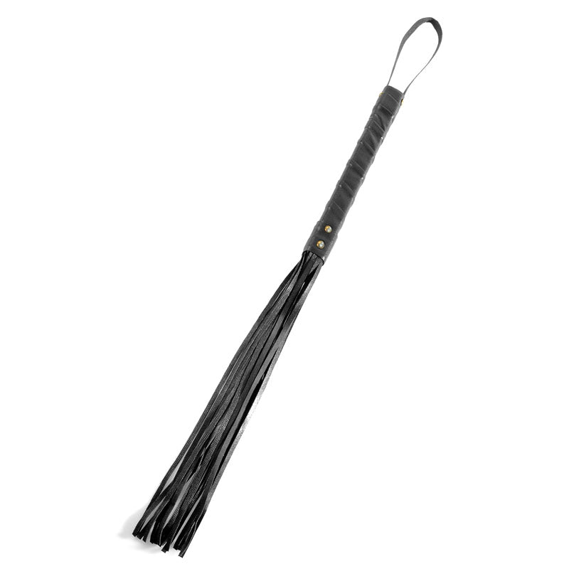 The Fetish Fantasy Series Limited Edition Black Cat-o-nine Tails features genuine leather with multiple thin, uniform tails, a secure wrapped cylindrical handle with two metal studs near the base, and a loop at the end.