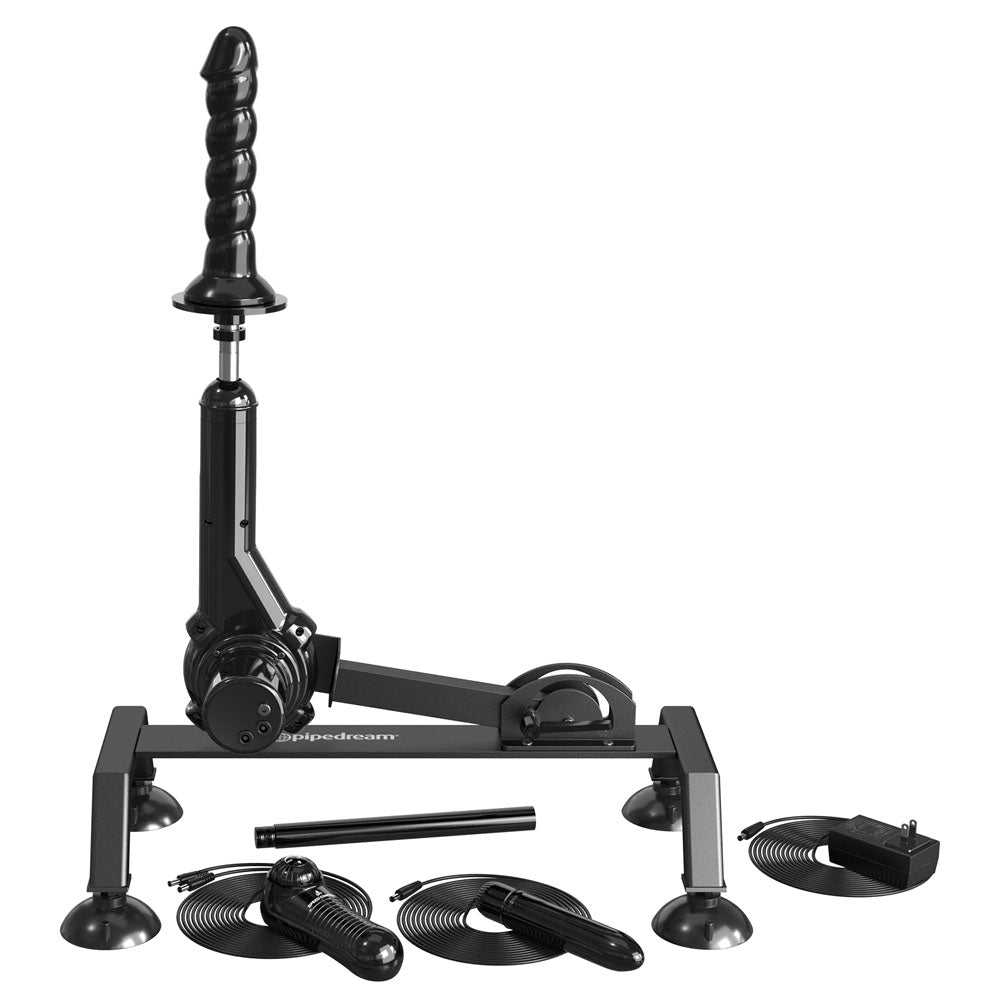 The FFS Body Dock Sex Machine features a spiral-textured dildo, suction base, thrust capability, adjustable arms, power adapter, remote, and straps. The sleek black design sits against a neutral backdrop.