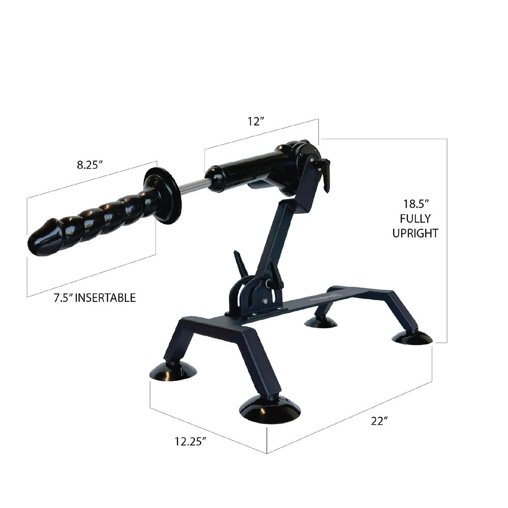 Introducing the FFS Body Dock Sex Machine, a mechanical device with a black, spiral-shaped component on an adjustable arm featuring thrust capability. It has four suction-cup feet for stability and dimensions of 7.5 insertable length, 12 arm length, 18.5 height, and 8.25 width on a 22 x 12.25 base.