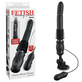 The image displays the FFS Ultimate Silicone Thruster in black with a ribbed section, suction cup base, and wired bullet. The packaging highlights branding, 3-inch thrusting power, vibration patterns, and a free bullet included.