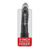 The FFS Ultimate Silicone Thruster in black showcases dynamic capabilities with its ribbed, flexible design and up-and-down arrow. A translucent panel highlights a 3-inch (7.6 cm) thrusting range, emphasized by a red label stating 3-INCH THRUSTING POWER!—ideal for exploring diverse vibration patterns.