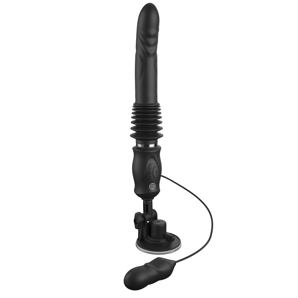 The FFS Ultimate Silicone Thruster – Black is a black, phallic-shaped, ribbed silicone vibrator. It has an adjustable suction cup base, a wired handheld remote, and offers simulated textures, vibration patterns, and motion for realism. Its USB rechargeable for convenience.